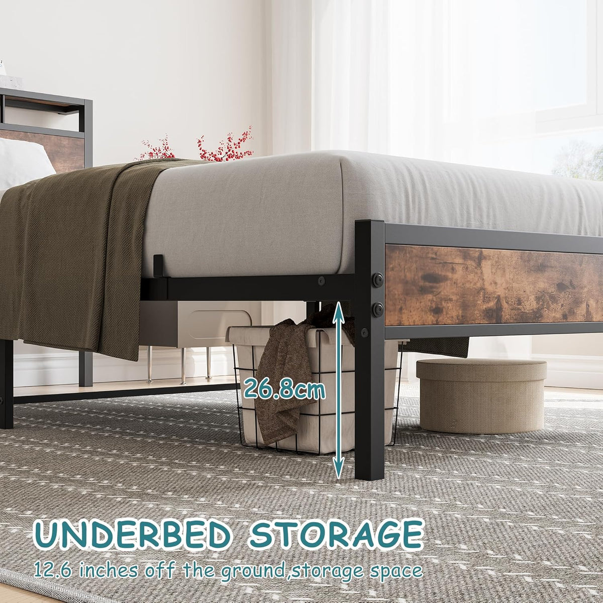 90 x 200 cm dubbel metalen bedframe met modern MDF-hoofdeinde, stevig lattenframe, opslag onder bed, zwart