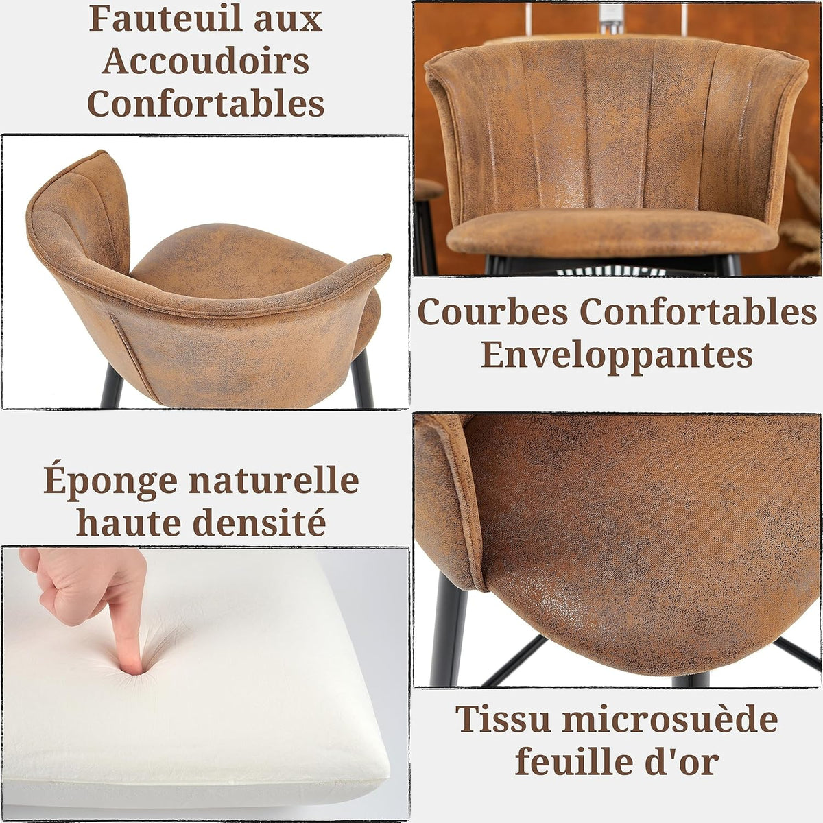 MEUBLE COSY Barkrukken, set van 2 retro barstoel vintage met armleuning rugleuning en voetensteun van synthetisch suède, metalen poten, bruin, 52,5x56,5x102cm