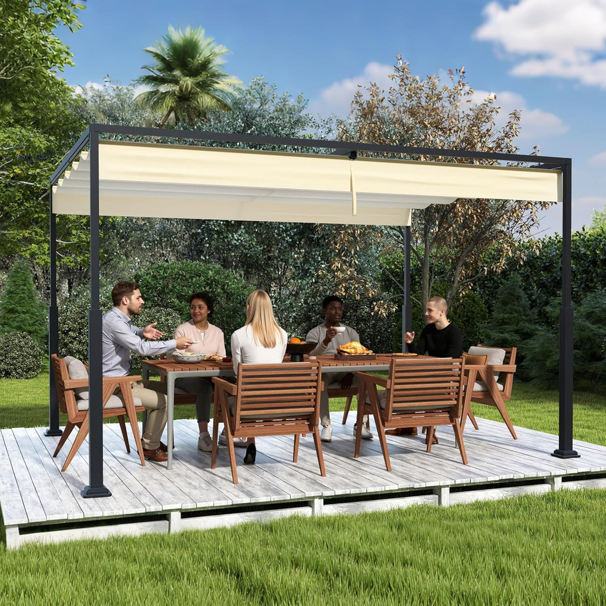 Outdoor Pergola, Stable Metal Frame, Garden Gazebo with Wind and Sun Protection, Sliding Roof, Freestanding Canopy, Retractable Canopy for Garden, Patio and Balcony, 3 x 4 m, Beige - QUORE