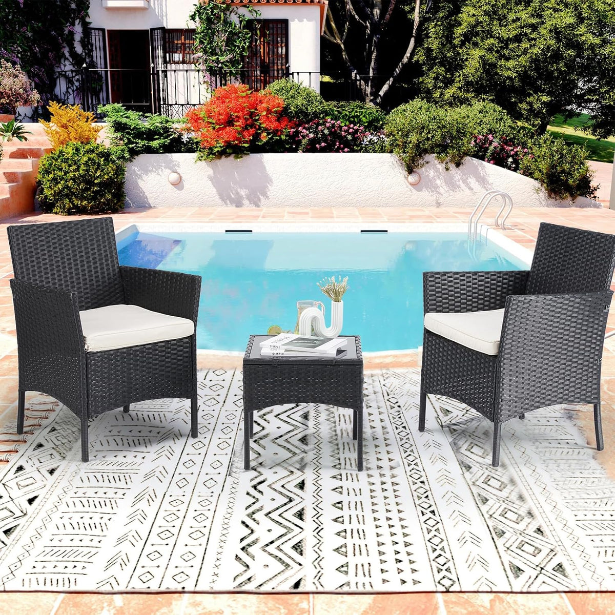 Patio Furniture Conversation Set Outdoor rotan stoel tuin PE rieten bank achtertuin balkon porch zwembadzijde loveseat met zacht kussen en glazen tafel, 3-delig, zwart
