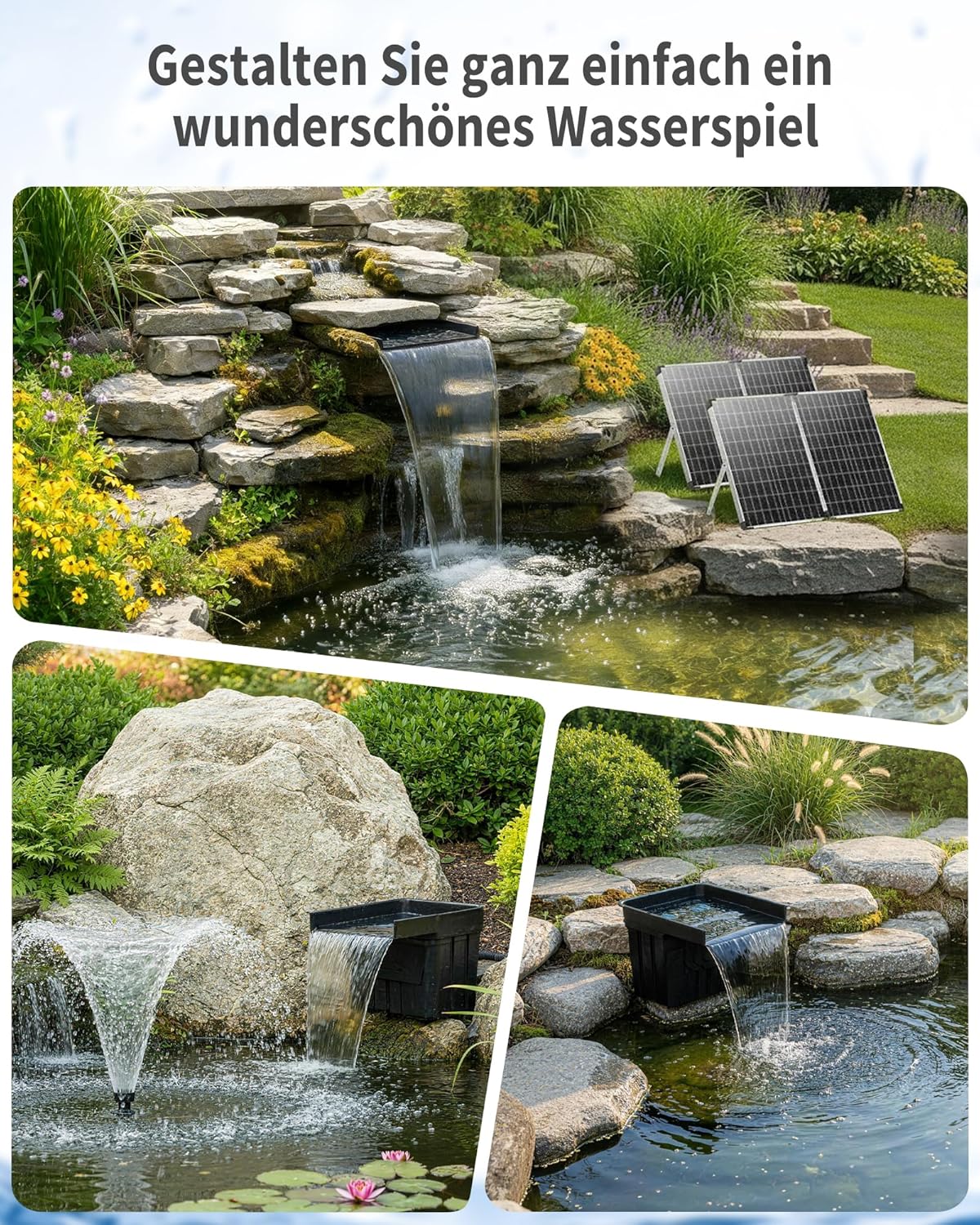 POPOSOAP Vijverwaterval met zonnepomp, watervaloverloop met 120 W zonnepaneel, 800 gph-vijverpomp, 3 m golfslang voor tuinvijvers