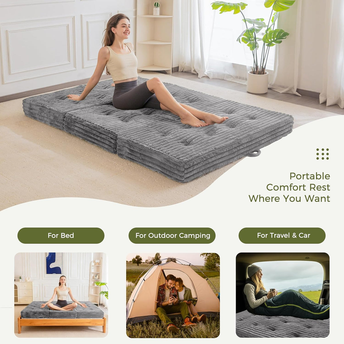 MAXYOYO Opvouwbaar matras 190 * 90 cm, 15 cm gestoffeerd opvouwbaar matras met premium imitatiebont, drievoudig opvouwbare futon slaapbank voor woonkamer/logeerkamer