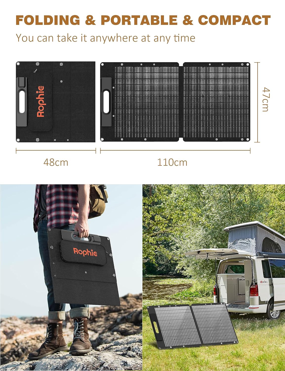 Rophie Opvouwbaar zonnepaneel, 60 W, draagbaar zonnepaneel, monokristallijn, flexibel, met USB/type C/DC-uitgang, 1,8 kg, ultralicht, IPX67 voor camping, reizen, tuin, balkon