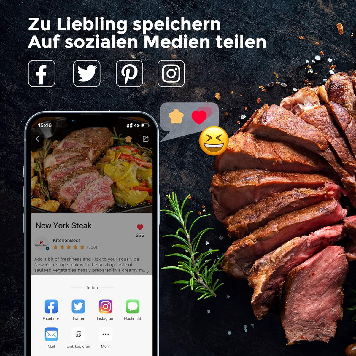 KitchenBoss Sous Vide Garer Stick WLAN: G330 Wifi precisiekooktoestel, nauwkeurige temperatuurinstelling tot 90 graden Celsius, IPX7 waterdicht, TFT, onderdompeling 360 graden circulatie met timer