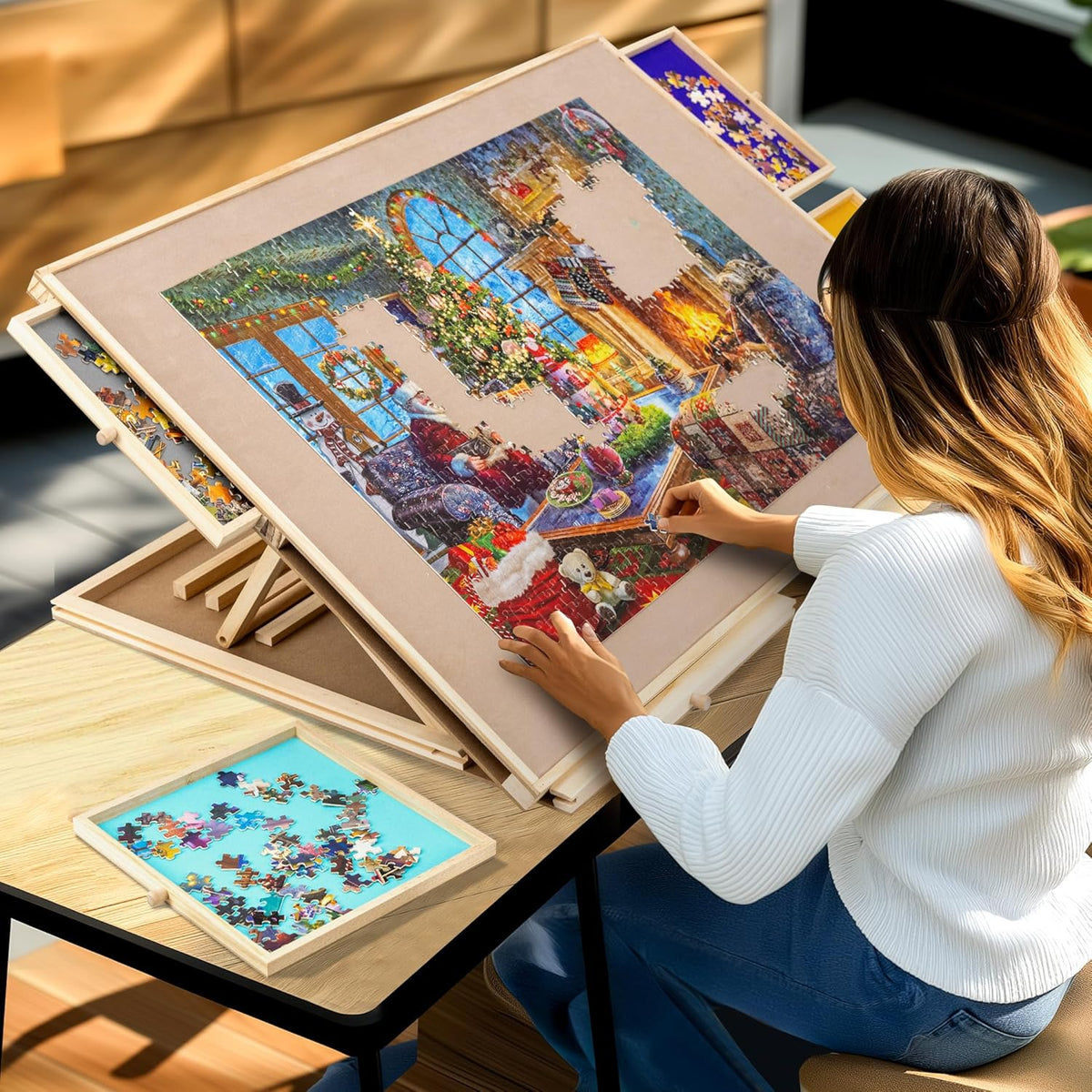 36" X 25" roterende en verstelbare puzzelbord ezel, houten legpuzzel tafel met 4 sorteerladen gekantelde hoeken antislip suède oppervlak voor maximaal 1500 stukjes puzzels met PP-hoes