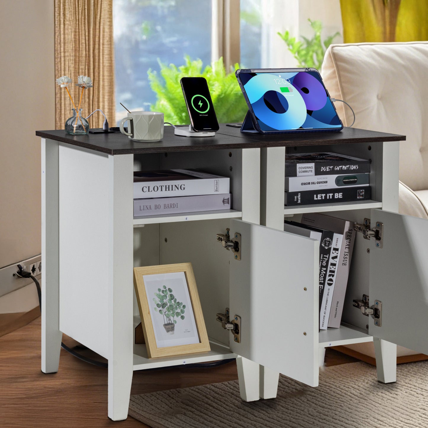 Bijzettafels – Nachtkastje – Side Table – Eettafel – Salontafel – Set Van 2 – Ingebouwde USB- en Stroomvoorziening – Krasbestendig Houtdecor