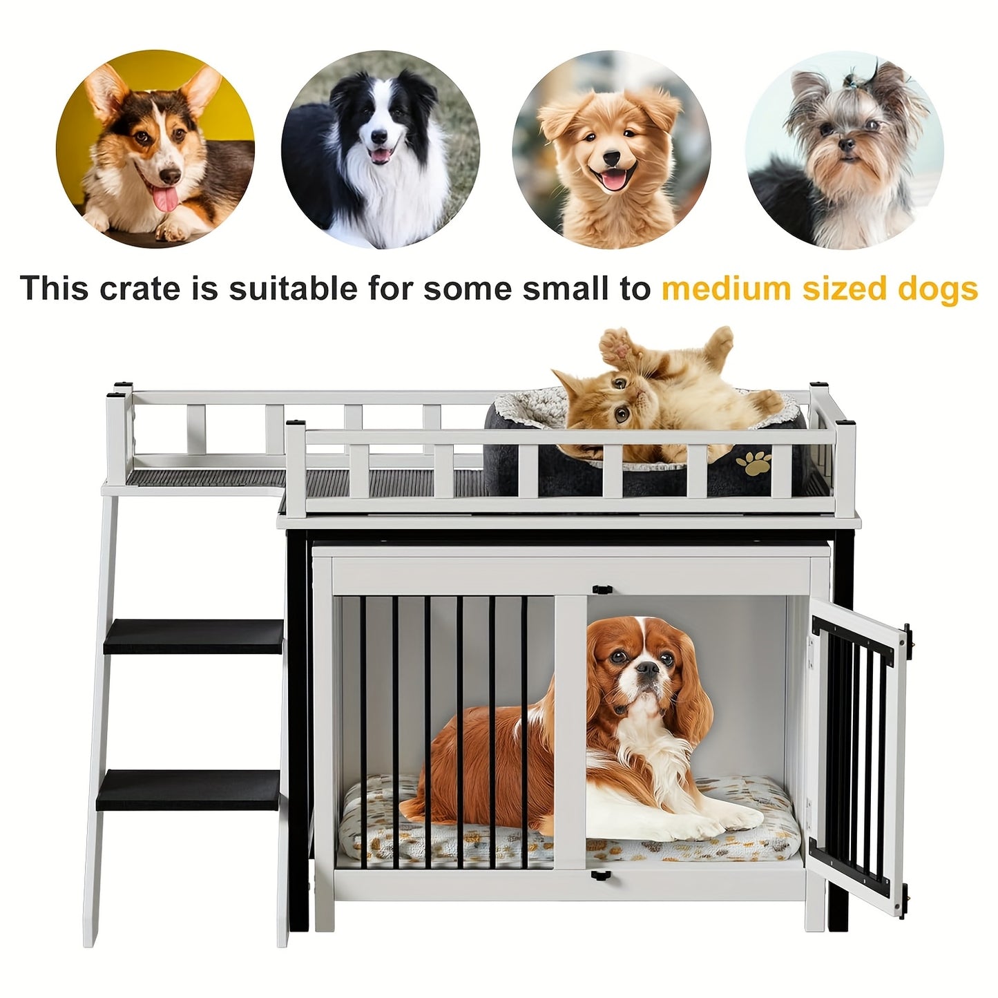Hondenbench – Hondenkooi – Dierenkooi – Hondenhok – Hondenhuis – Met Trap – Massief Hout & Metalen Deur – 120x56x65 cm – Inclusief Zachte Matras en Dekentje – Zwart-Wit