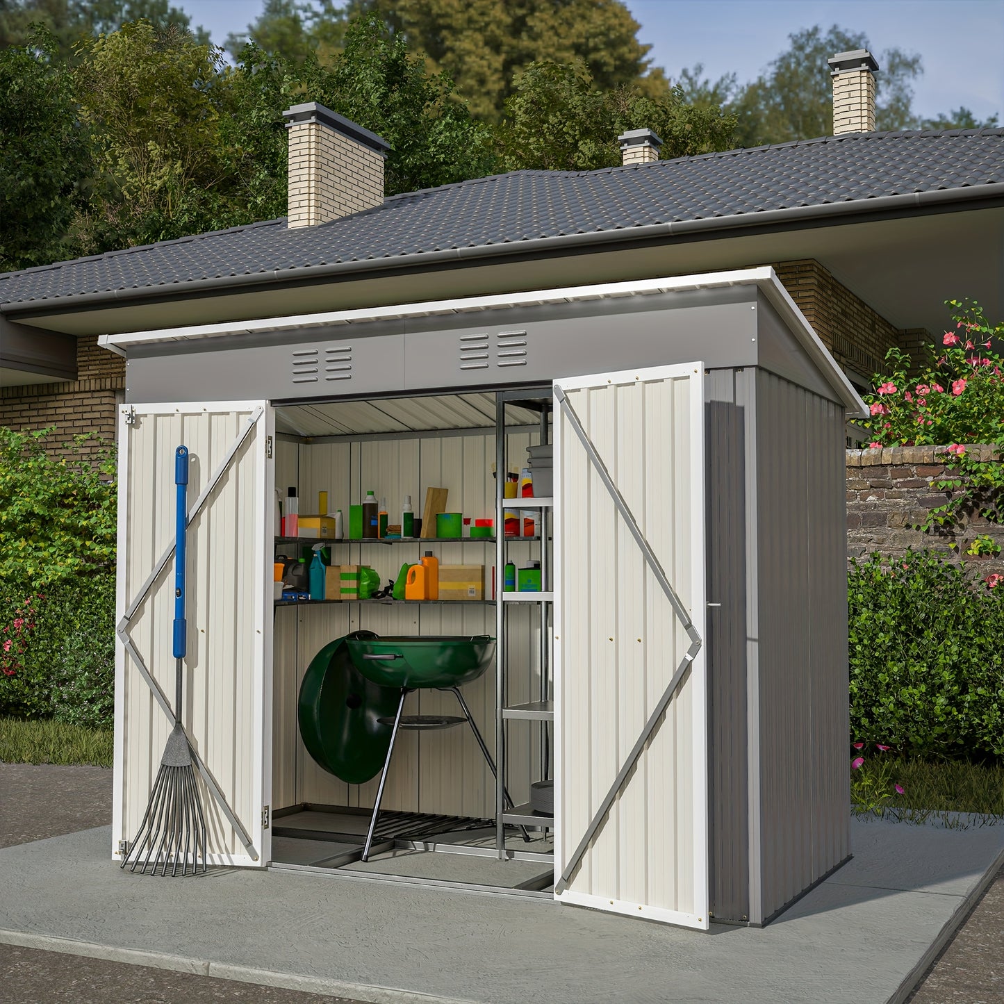 Metalen Tuinschuur – Tuinberging – Tuinhuisje – Opslagschuur – Fietsenberging – Gegalvaniseerd Staal – Ventilatie En Sluitbaar Deursysteem – 244x122 cm Grijs