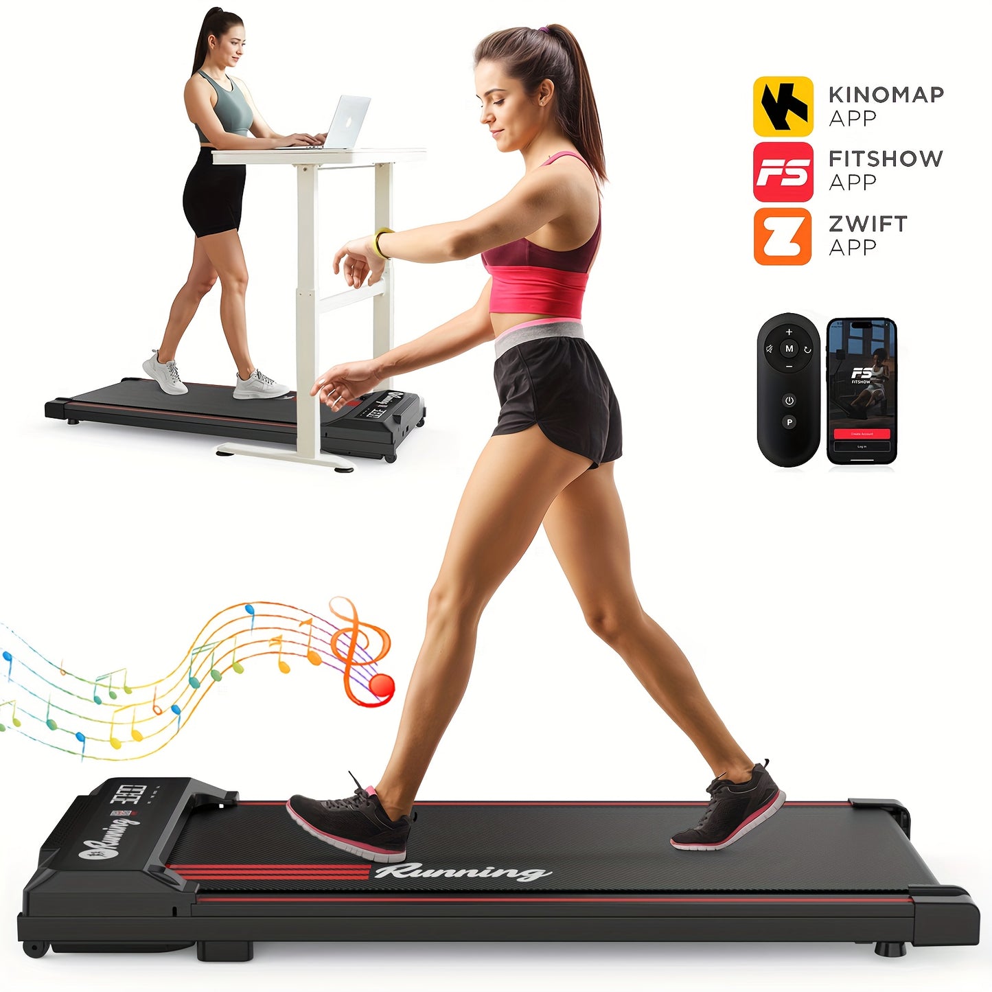 2-in-1 Folding Treadmill with Remote Control & Music Playback, LED Display, 37.5x90cm Running Belt, No-Assembly Design, Quiet Operation, Compact Space-Saving Home Gym Equipment with App Connectivity, 220-240V, European Plug,