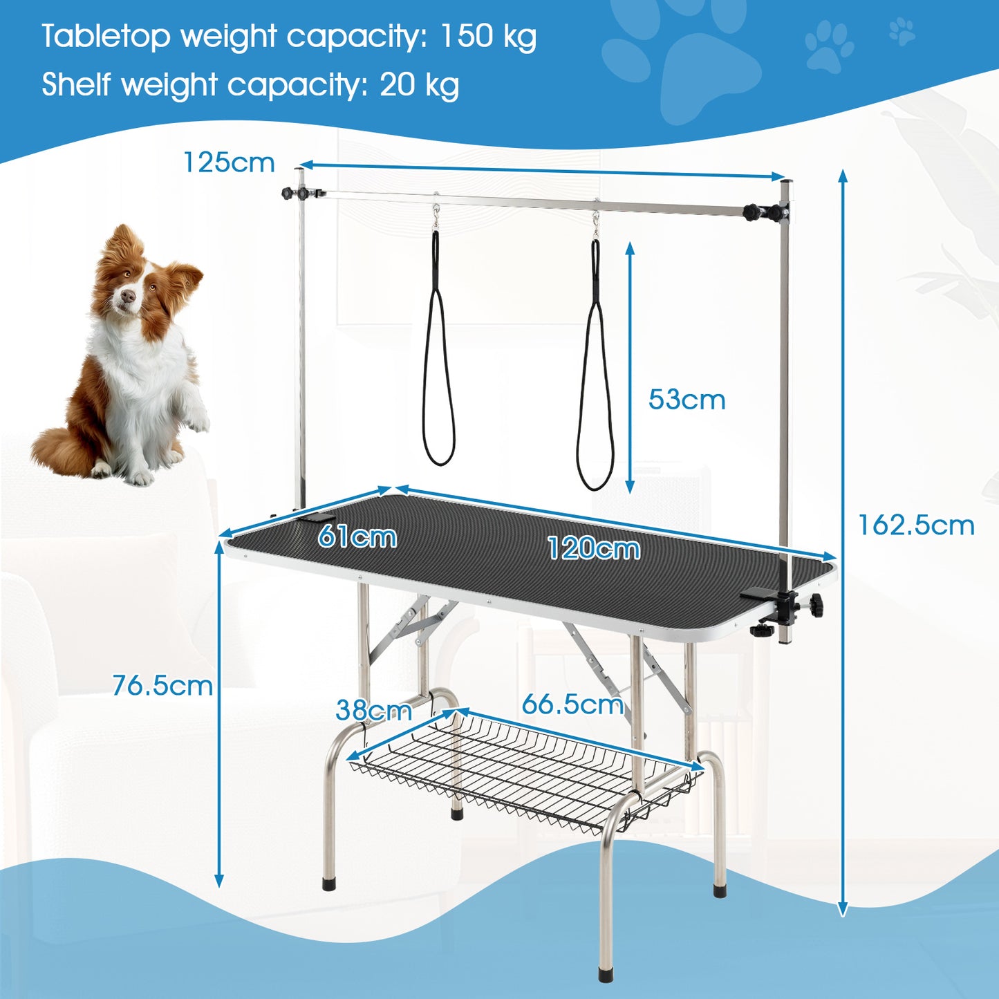 Verstelbare Trimtafel – Trimbank – Verzorgingstafel – Honden Tafel – Wasstation – Stevig H-Vormig Frame – Verstelbare Hoogte Tot 86 cm – Opvouwbaar & Antislip Tafelblad – Zwart