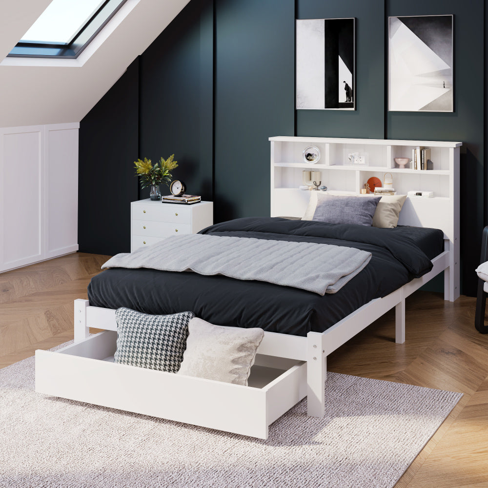 Eenpersoonsbed – Bed met Opberglades – Opbergbed – Slaapbed – Kinderbed – 90x200 cm – Wit – Stevige Lattenbodem – Ruime Lades