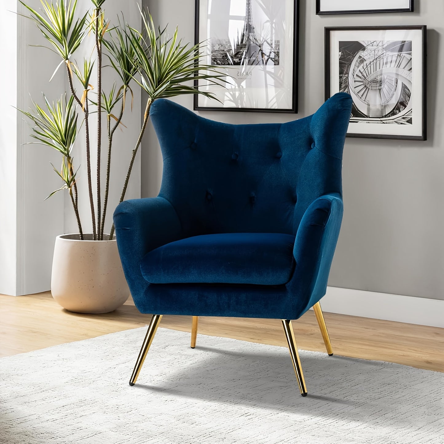 Fauteuil – Relaxstoel – Lounge Chair – Leesstoel – Wing Chair – Fluweel Bekleed – Gouden Metalen Poten – Comfortabel – Navy