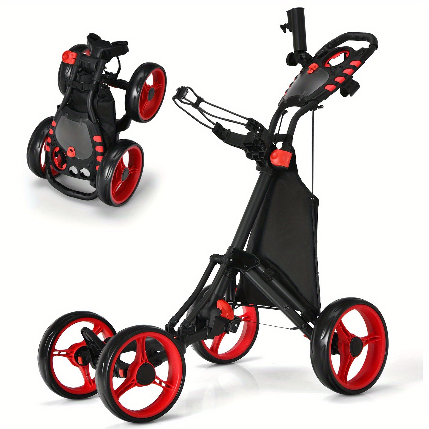 Golfkar – Golfwagen – Golftrolley – Golfbuggy – Golfkarretje – Lichtgewicht Polypropyleen Frame – Verstelbare Handgreep Met Voetrem – Rood/Zwart