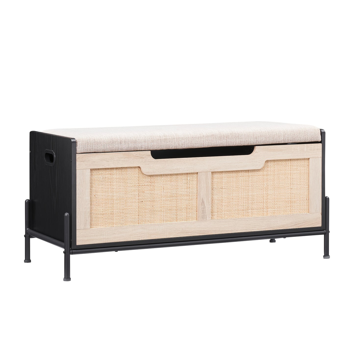Schoenenbank – Schoenenkast – Opbergbank – Zitbank – Opbergkist – Extra breed – Veiligheidscharnieren – Draagkracht 99,79 kg – Zwart metalen rattan-look