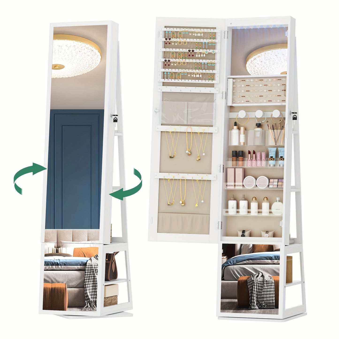 Sieradenkast – Juwelenkast – Spiegelkast – Sieradenopberger – Make-upkast – 4-in-1 Design – Afsluitbaar Met Volledige Spiegel – Vintage Kleur – MDF & Fluwelen Bekleding