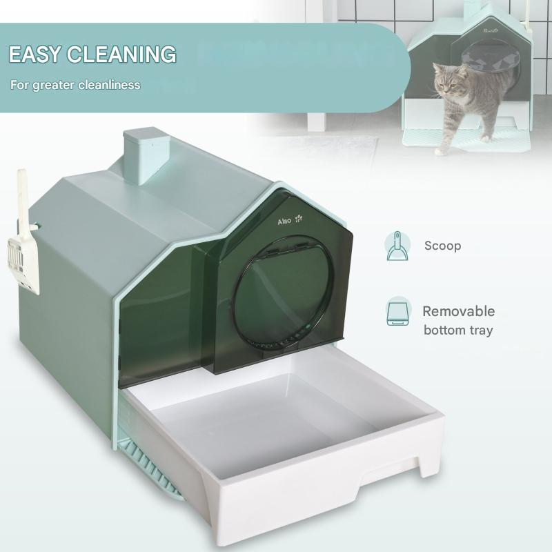 kattenbak – kattentoilet – kattentoiletbak – kattenbak met klep – kattenbak met lade – Groen – Afneembare Tray – Inclusief Schep en Zeefmat