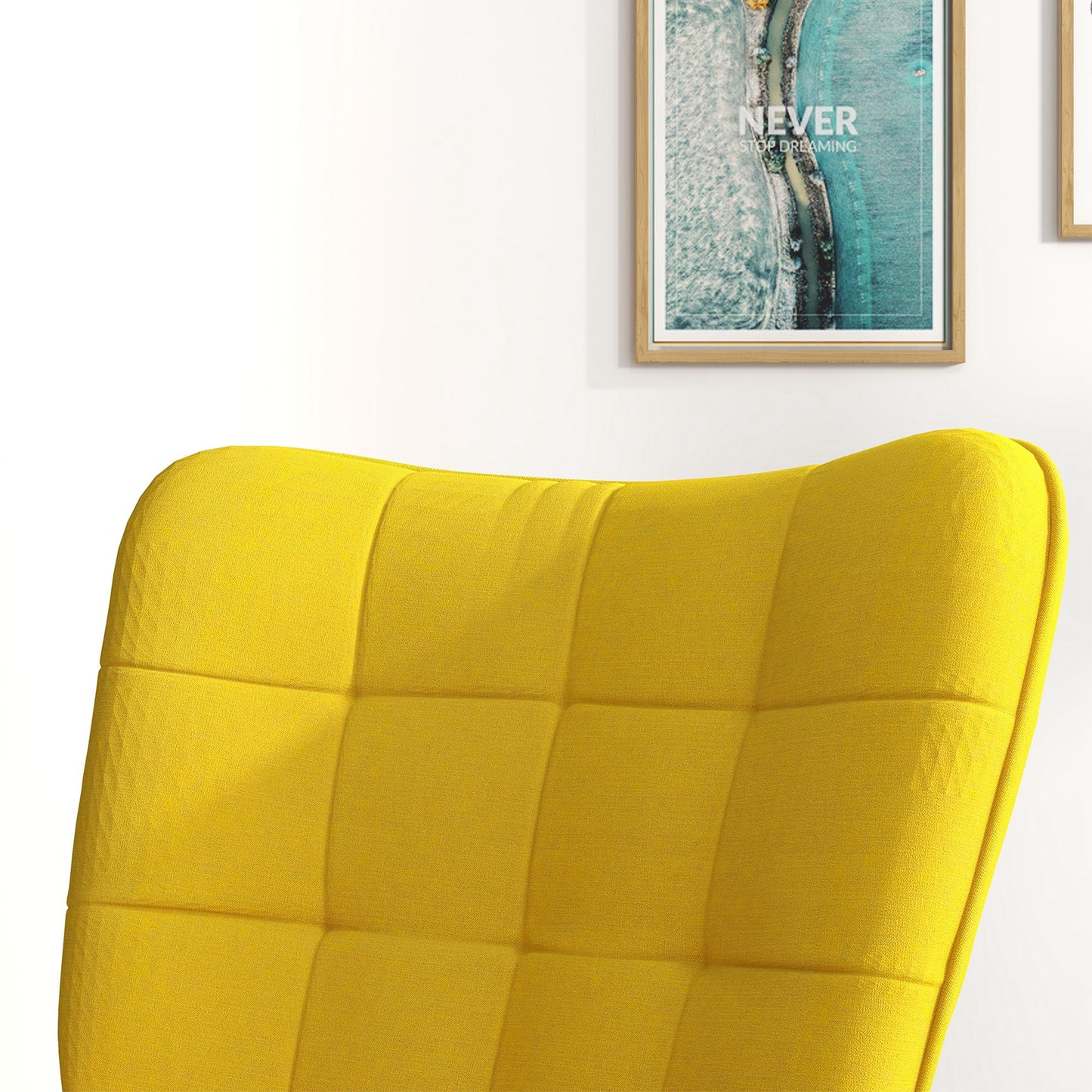 Schommelstoel – Schommelstoel Met Voetenbank – Relaxfauteuil – Wiebelfauteuil – Linnen Look Fauteuil – Gele Variant – Ergonomisch Comfort – Massief Beukenhout Frame
