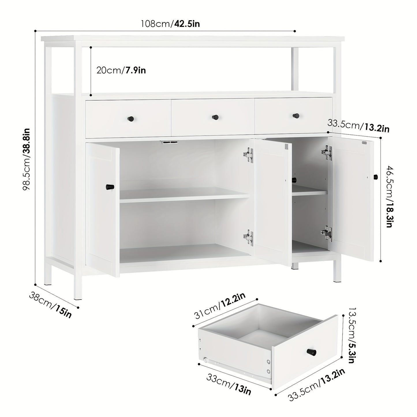 Witte Kast – Dressoir – Opbergkast – Sideboard – Buffetkast – Massief Hout – Verstelbare Planken – 3.2+ Kubieke Voet Capaciteit