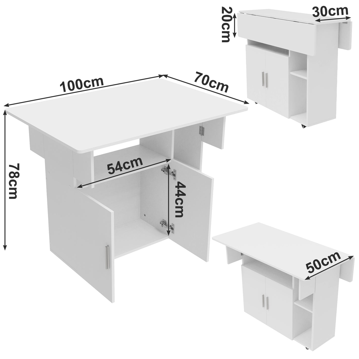 Keukentafel – Uitbreidbare Eettafel – Klaptafel – Bistrotafel – Mobiele Keukentafel – Ruimtebesparend Ontwerp – Hout Wit – Met Opbergruimte – 100x70x78 cm – 4 Blokkeerbare Wieltjes