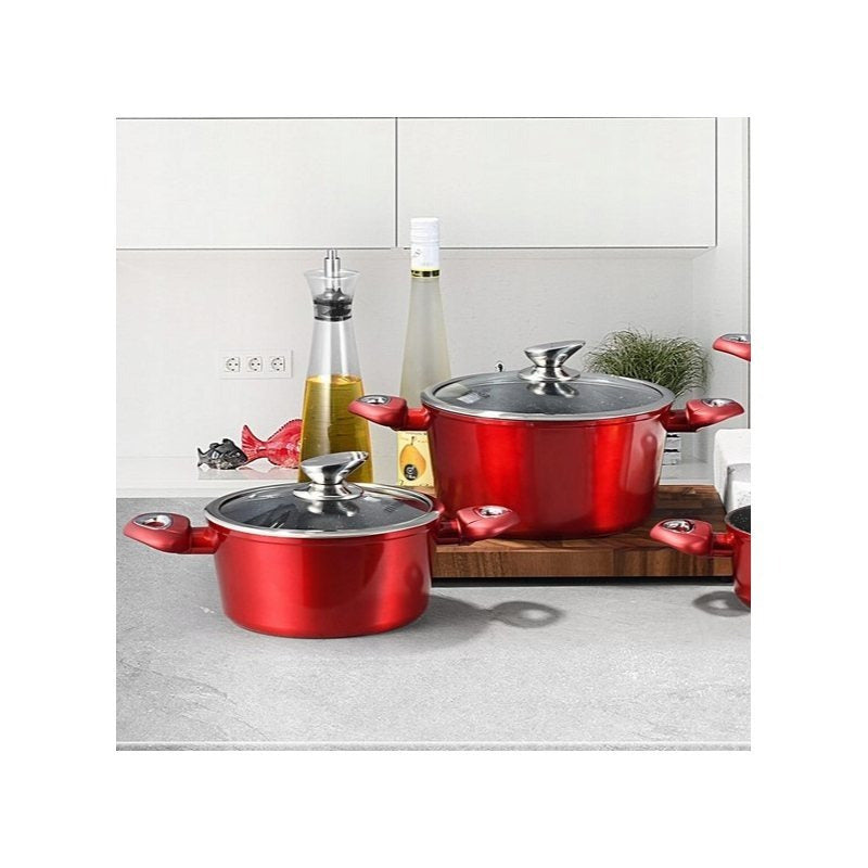 21-Delige Pannenset – Pannen Set – Kookgerei – Koekenpannen – Pannen met Deksel – Inductie Geschikt – Keramische Antiaanbaklaag – Rood