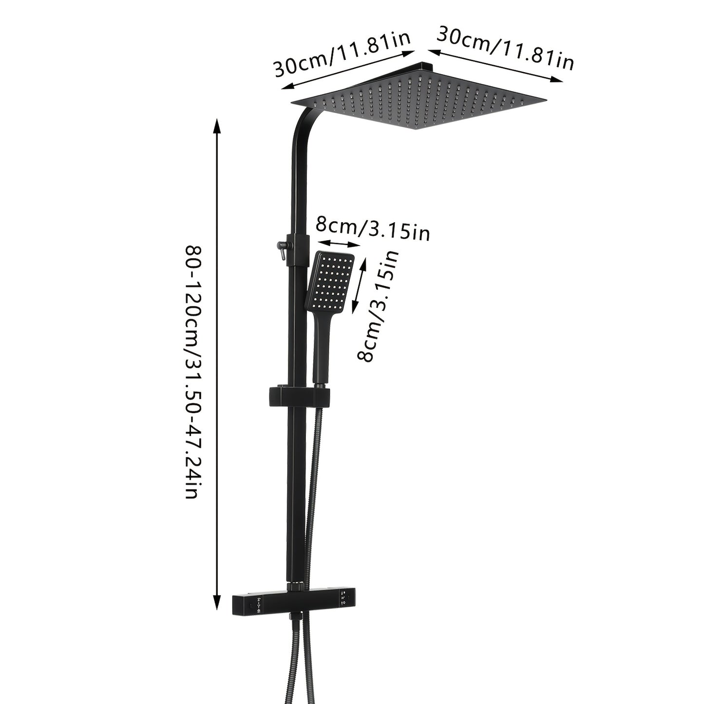 Regendouche – Douchesysteem – Douchekop – Doucheset – Douchekraan – Vierkante 30x30 cm Hoofddouche – Thermostaat Met Veiligheidsstop 38°C – RVS Matzwarte Afwerking