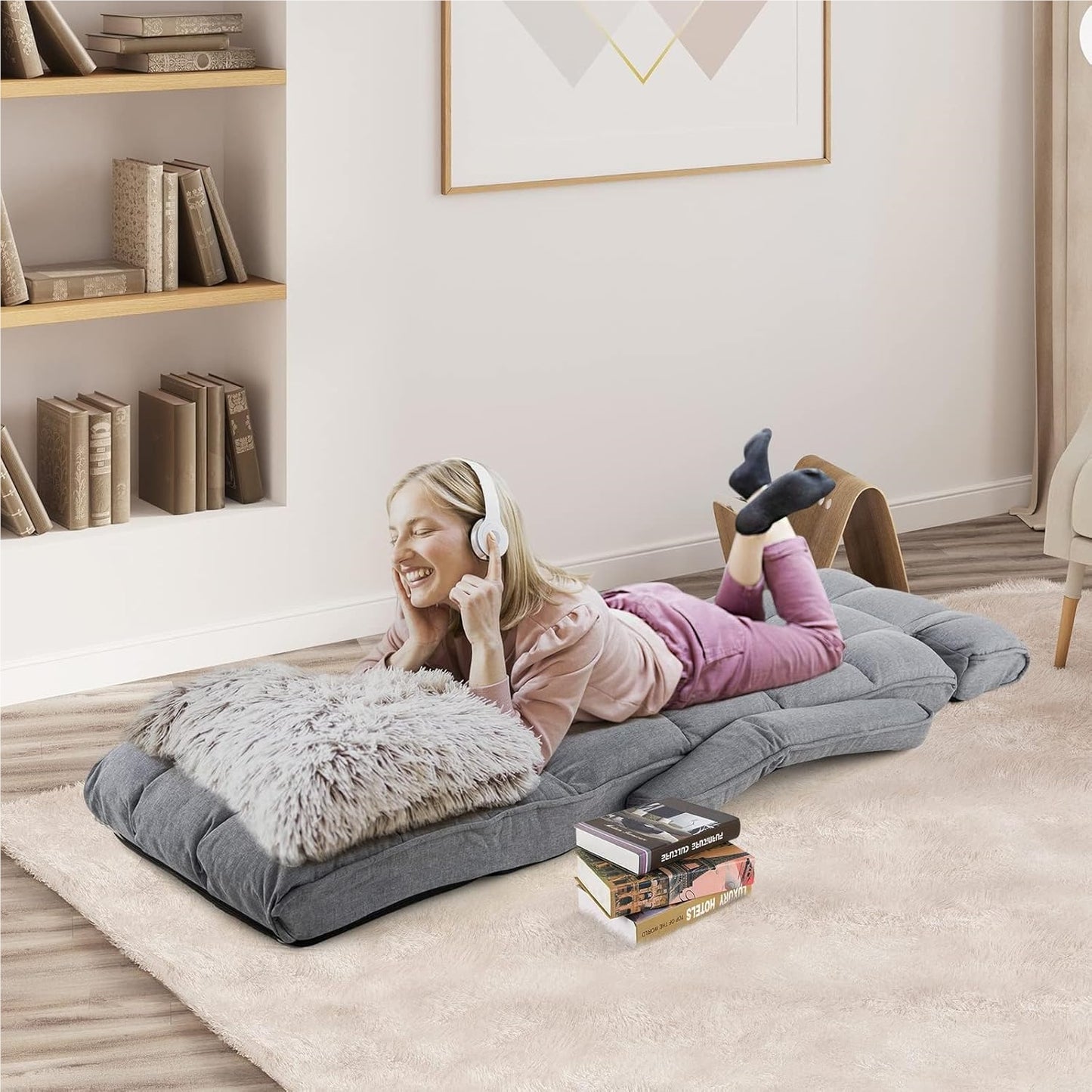 Relax Lounge Chair – Relaxstoel – Fauteuil – Ligstoel – Zitzak – Verstelbaar In 5 Posities – Linnen Bekleding – Inklapbaar – Ergonomisch Design – Max. 140 kg draagkracht – Grijs