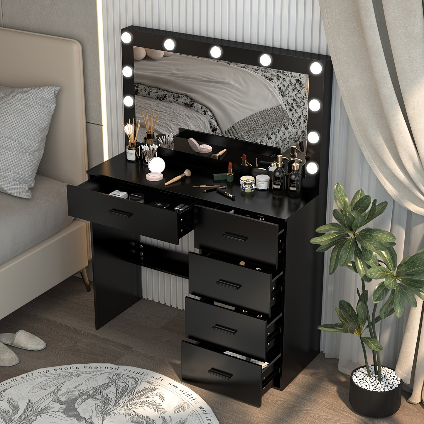Kaptafel – Make-up Tafel – Dressing Table – Cosmeticatafel – Kapcommode – Massief Houten Zwart – Verlichte Spiegel Met 3 Lichtstanden – Ruime Lades