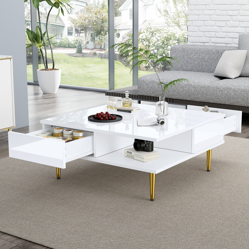 Salontafel – Koffietafel – Bijzettafel – Woonkamertafel – Tafel – Hoogglans Wit – 70x70x36 cm – Met 2 Lades en Opbergvakken – Draagvermogen 30 kg