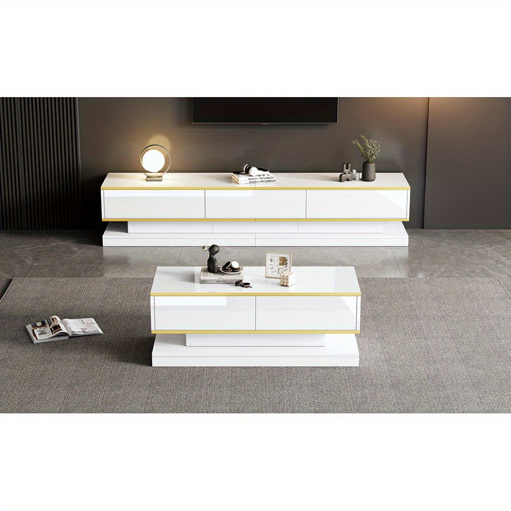 tv-meubel – tv-kast – tv-console – salontafel – woonkamermeubel – Hoogglans Wit Met Gouden Accenten – 3 Laden Tv-meubel & 2 Laden Salontafel