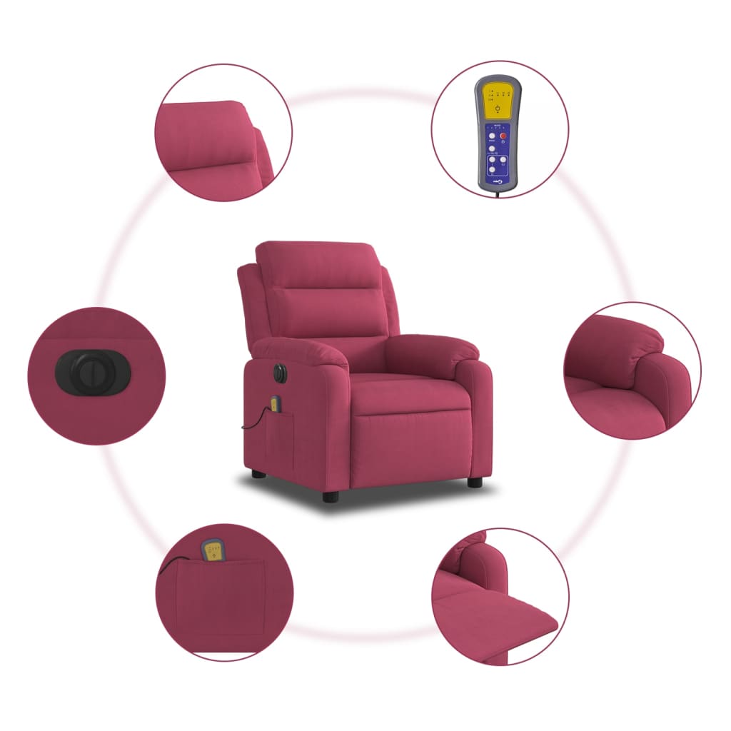 Fauteuil – Relaxfauteuil – Loungestoel – Relaxstoel – Elektrisch Verstelbare Stoel – Wijnrood – Velvet Bekleding – 135 Graden Kantelbaar