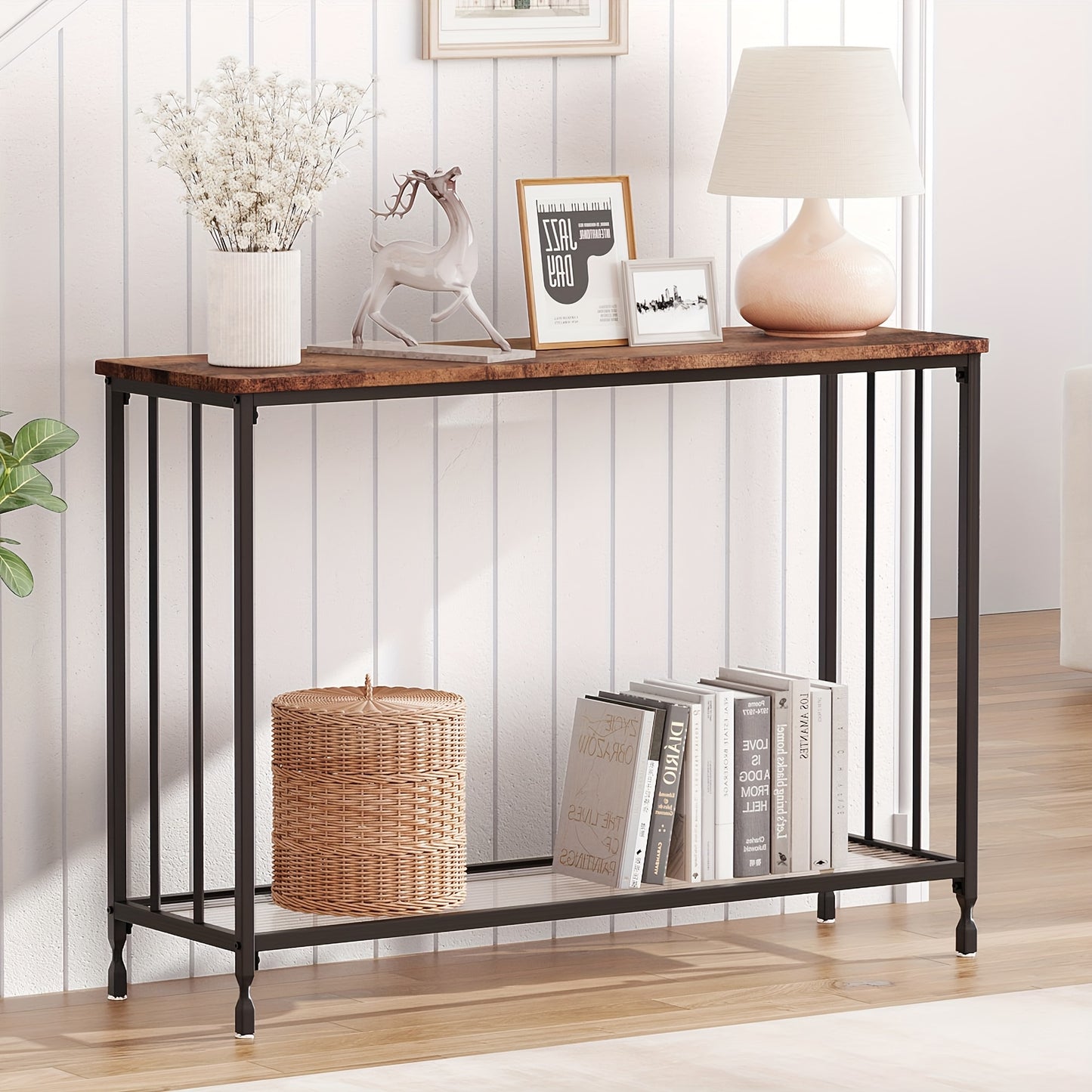 Smalle Sidetable – Smalle Tafel – Console Tafel – Haltafel – Banktafel – Rustiek Bruin – Ruimtebesparend Ontwerp – Stevig Metaal Met Glasplaat