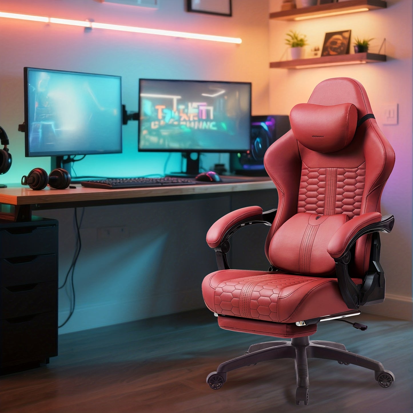 Gamingstoel – Bureaustoel – PC Stoel – Werkstoel – Game Chair Rood – Ergonomisch Met Lendensteun – Verstelbare Voetsteun & 181 KG Draagvermogen