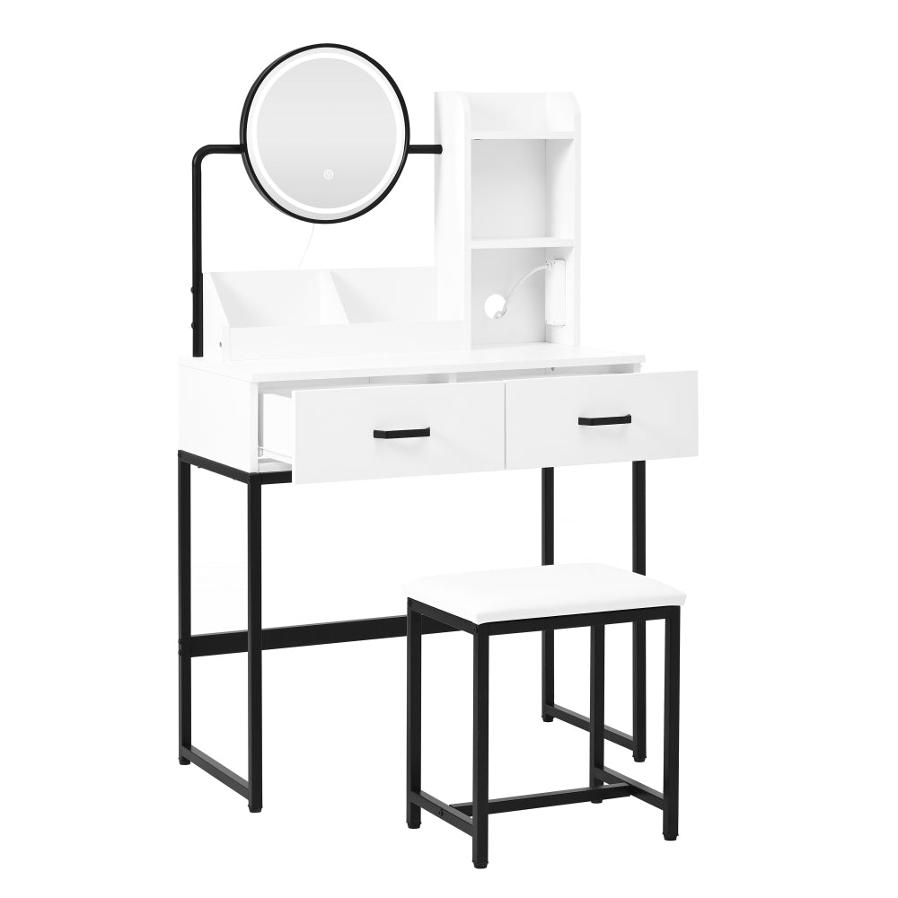 Make-up Tafel – Kaptafel – Schminktisch – Make-up Bureau – Vanity Set – Compact Formaat – Verstelbare Kruk Met Draaifunctie – Zwart Metalen Poten – 2 Lades & 2 Open Vakken – Kantelbare Spiegel – 80x138,5x40 cm