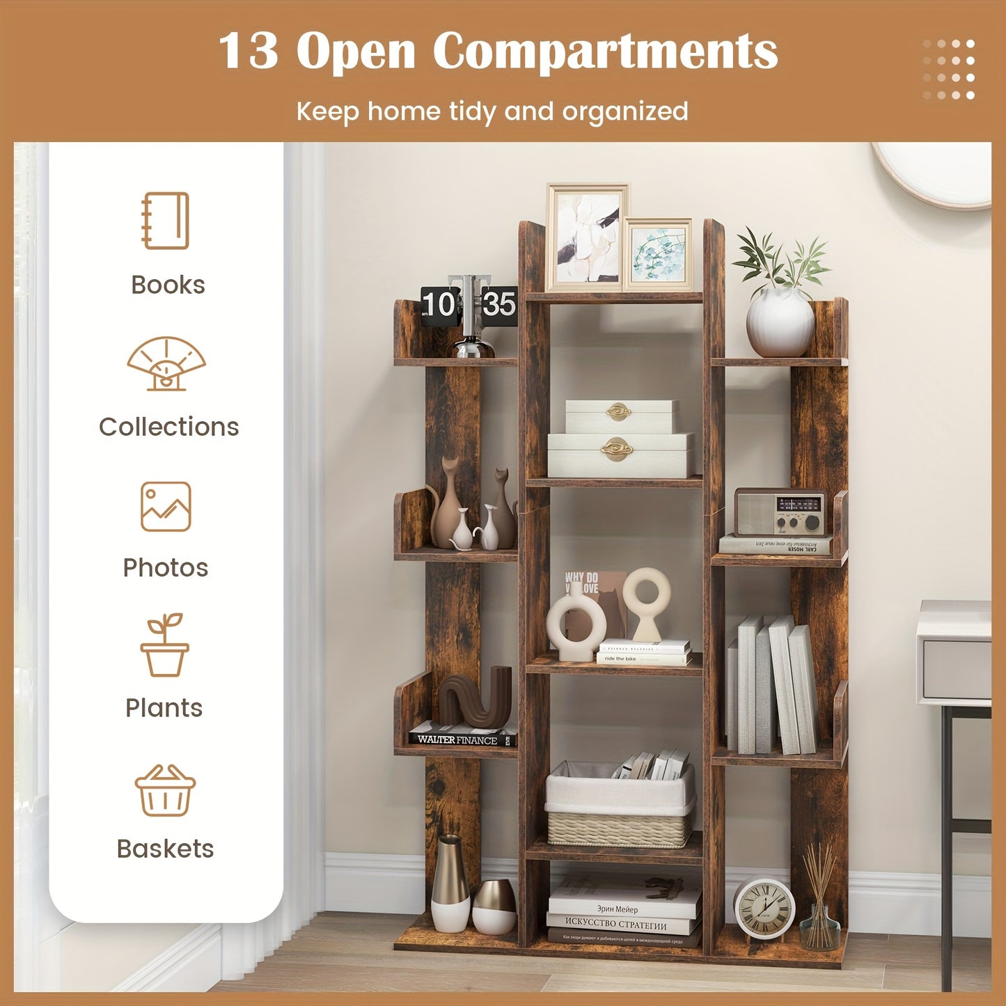 Boomvormige Boekenplank – Boekenrek – Boekenkast – Opbergkast – Wandkast – 141 cm Hoog – 13 Open Vakken – Vrijstaand Bruin