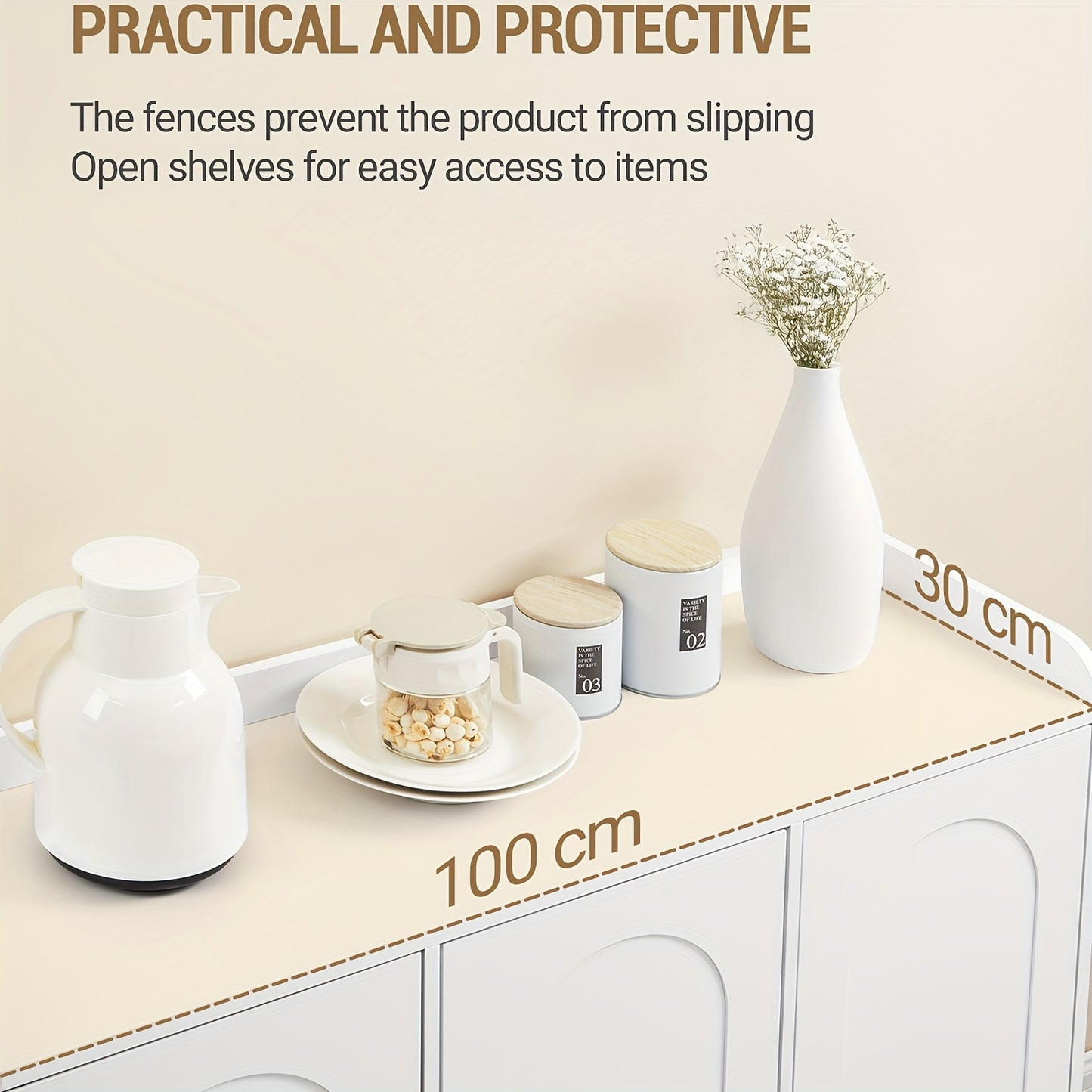 Sideboard – Opbergkast – Dressoir – Keukenkast – Woonkamerkast – Witte Sideboard Met 3 Gebogen Deuren – Verstelbare Planken En Gouden Handgrepen – 30x100x80,5 cm FSC MDF