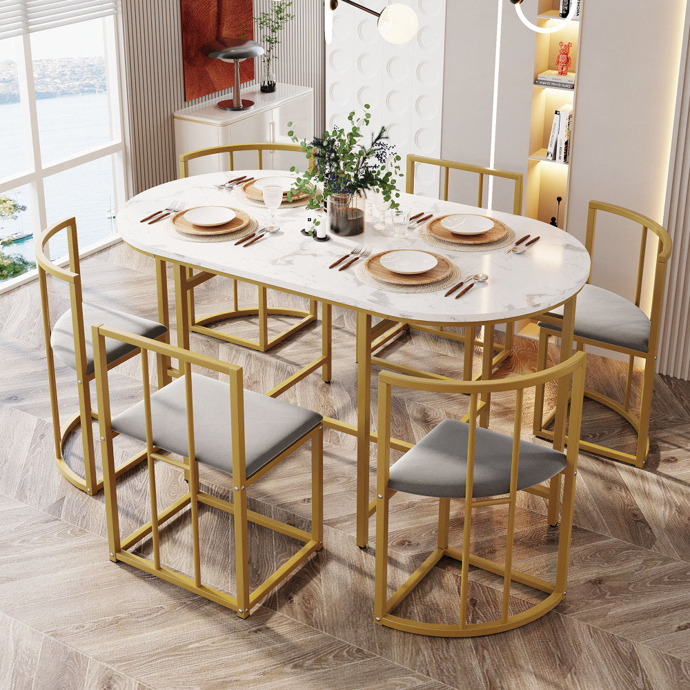 Eettafelset – Eetkamerset – Keukentafelset – Eethoek – Eettafel Combinatie – 6 Persoons – Wit MDF Tafelblad – Grijze Gestoffeerde Stoelen – Zwart Metalen Frame – Modern Design – Duurzaam Zonder Elektriciteit