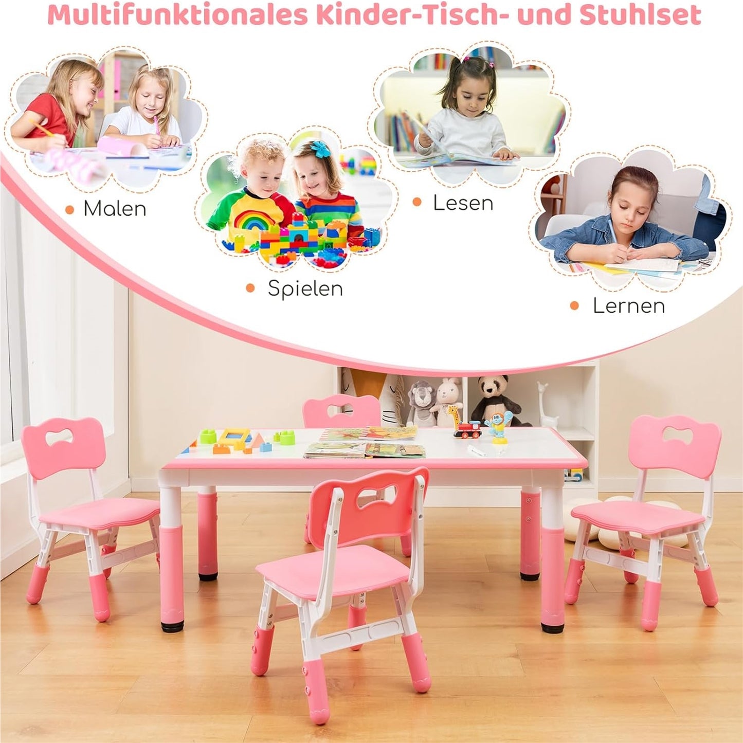 Kinder Tafel – Kindermeubelset – Speeltafel – Stoelenset – Peuter Tafel – Verstelbare Hoogte – Groot Graffiti Tafelblad – Roze