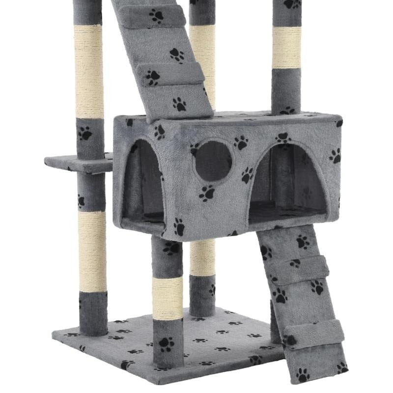Multi-Level Cat Tree Tower with Sisal Scratching Posts, Stable Base & Paw Print Design - 170cm Tall Modern Cat Activity Center with Hanging Bed, Playrooms & Stairs - Space-Saving Indoor Cat Furniture for Living Room, Balcony