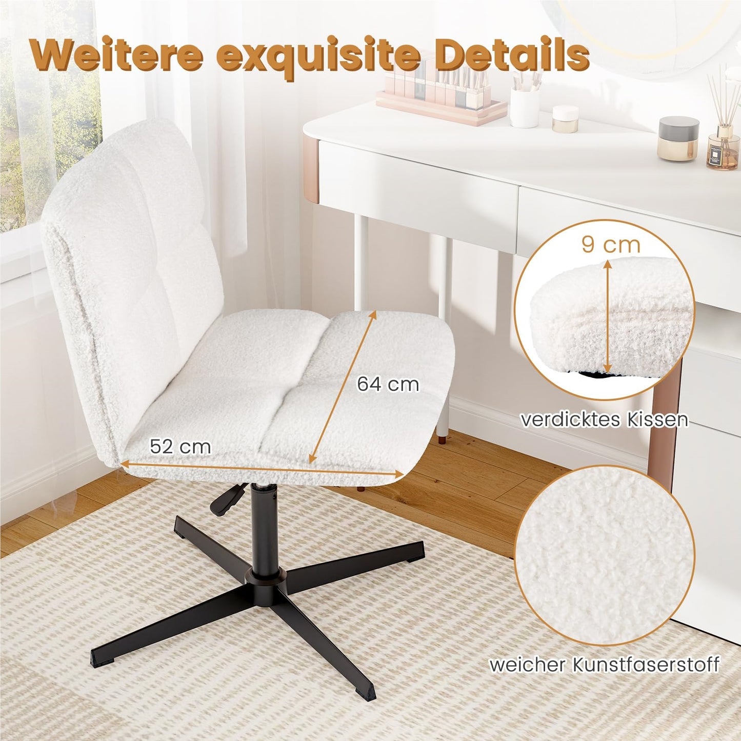 Bureaustoel – Office Chair – Werkstoel – Studeerstoel – Make-up Stoel – Verstelbare Zithoogte – Schommelingsfunctie – Beige – Armless – Comfortabel Schuim