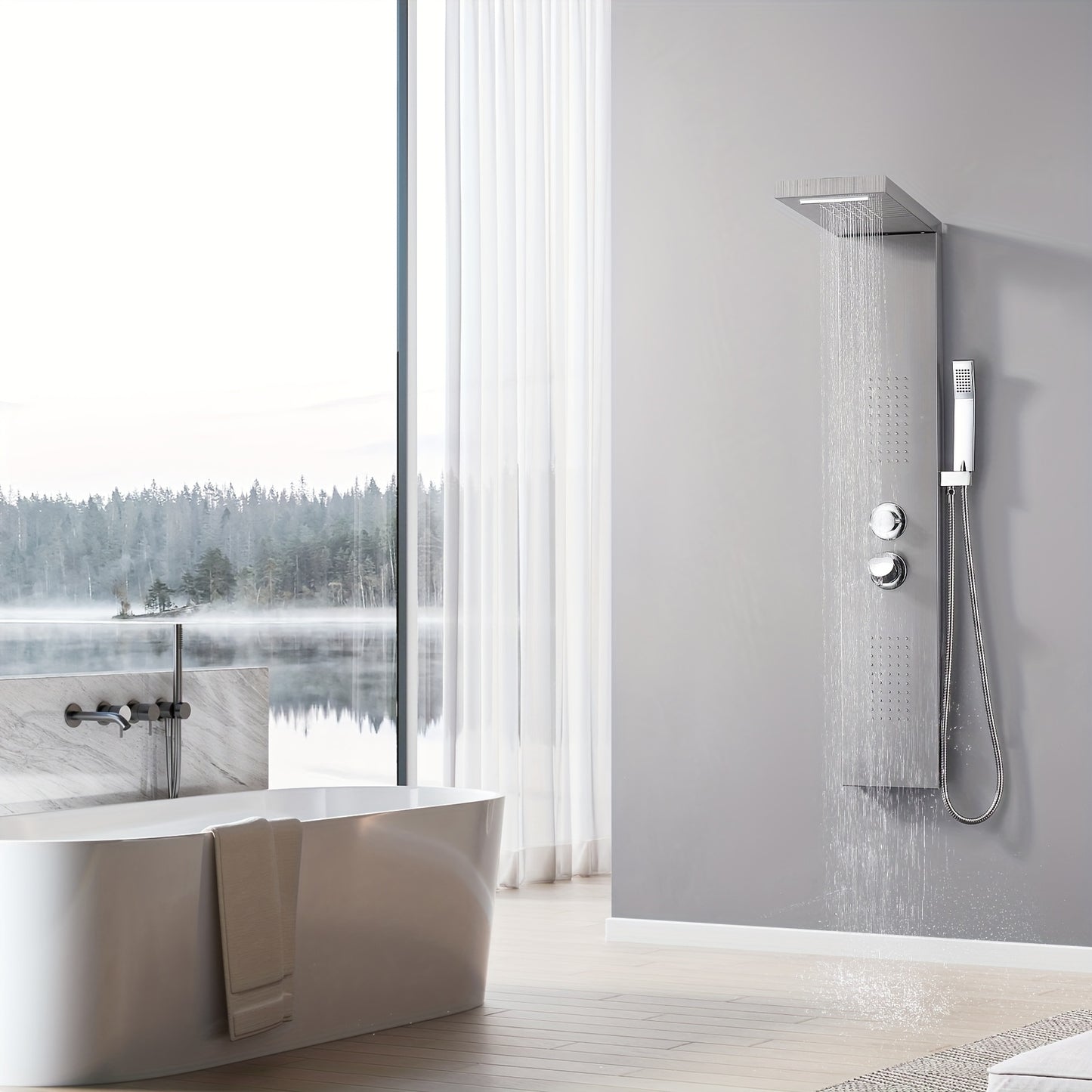 Douchepaneel – Douchekolom – Regendouche – Massage Douche – Handdouche – RVS Geborsteld – 4 Waterfuncties – Thermostaatkraan