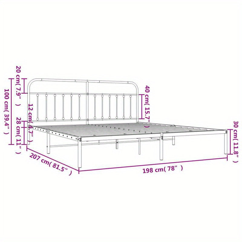 Modern Black Metal Bed Frame with Headboard, 193x203cm, Powder-Coated Steel for Strength & Stability, Minimalist Design for Contemporary Bedrooms
