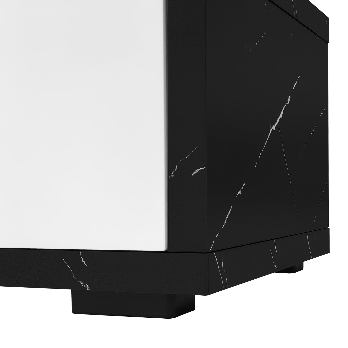 Modern TV Stand with Swivel Doors & Variable Length - Black Marble Look & Golden Accent White High-Gloss Matte Finish, Metal Construction, Space-Saving Design with Storage Shelves, No Electrical Required, Easy Assembly for La