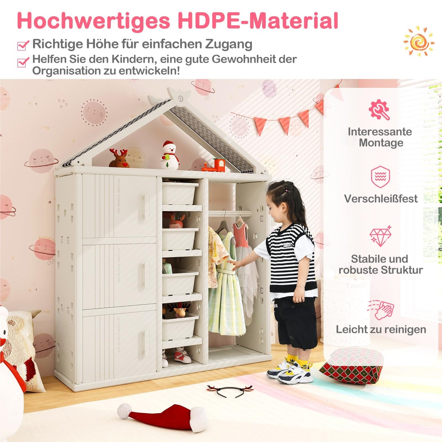 Kinderkast Huisvorm – Kinderen Boekenkast – Speelgoedkast – Opbergrek – Kledingrek – 4 Opbergdozen – Veilig HDPE Materiaal – Kantelbeveiliging