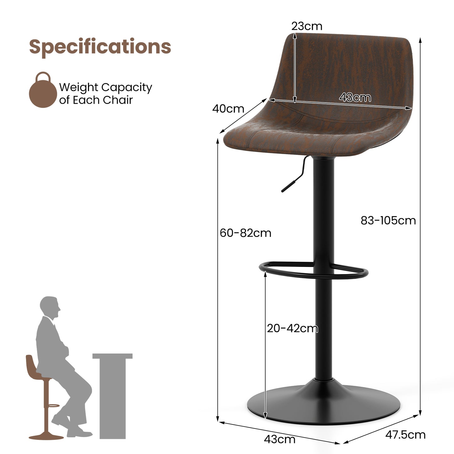 Barstoelen – Barkrukken – Barstoeltjes – Keukenkrukken – Verstelbare Zithoogte – 360° Draaibaar – Velvet Bekleed – Metaal Frame – Set van 2 – Rustiek Bruin