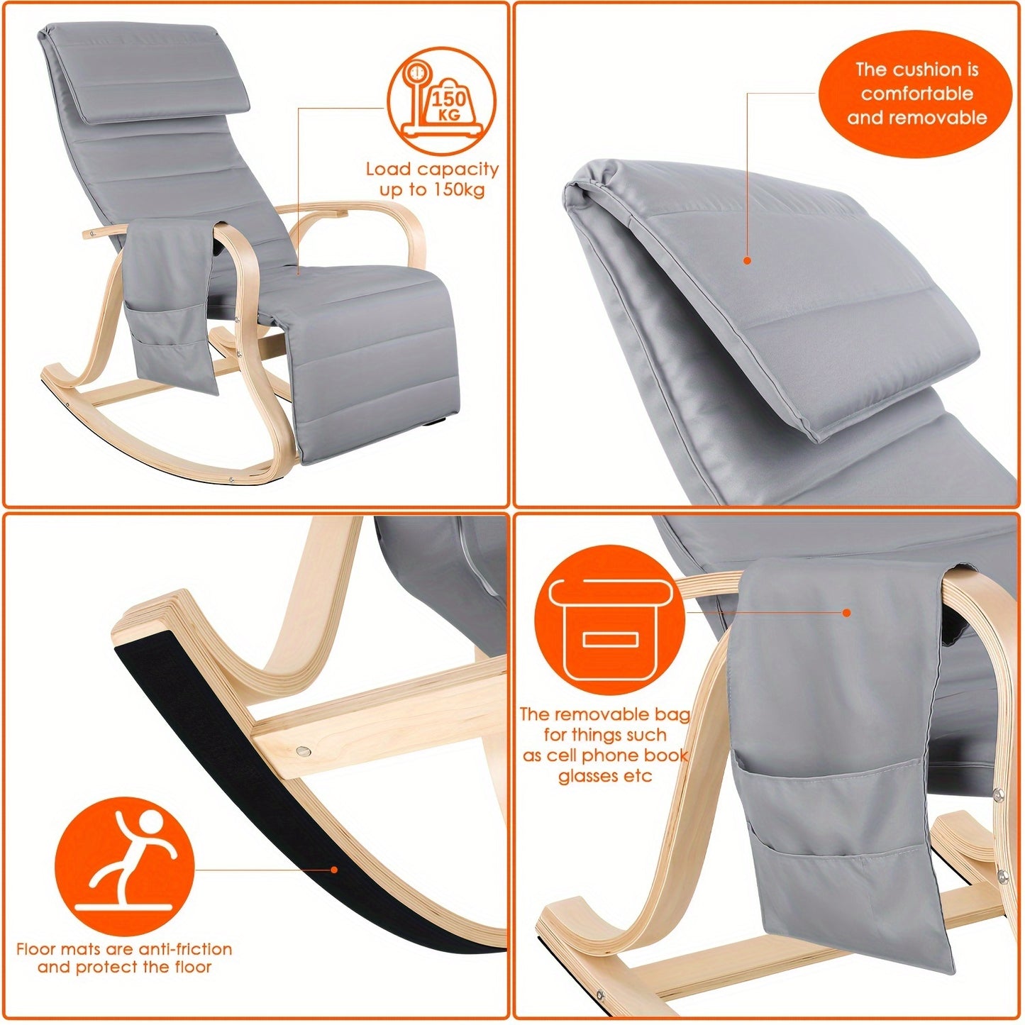 Schommelstoel – Relaxstoel – Fauteuil – Loungestoel – Tuinstoel – Verstelbare Rugleuning – Berkenhout 150 kg Draagkracht – Inclusief Voetsteun 86x65x100 cm - Grijs