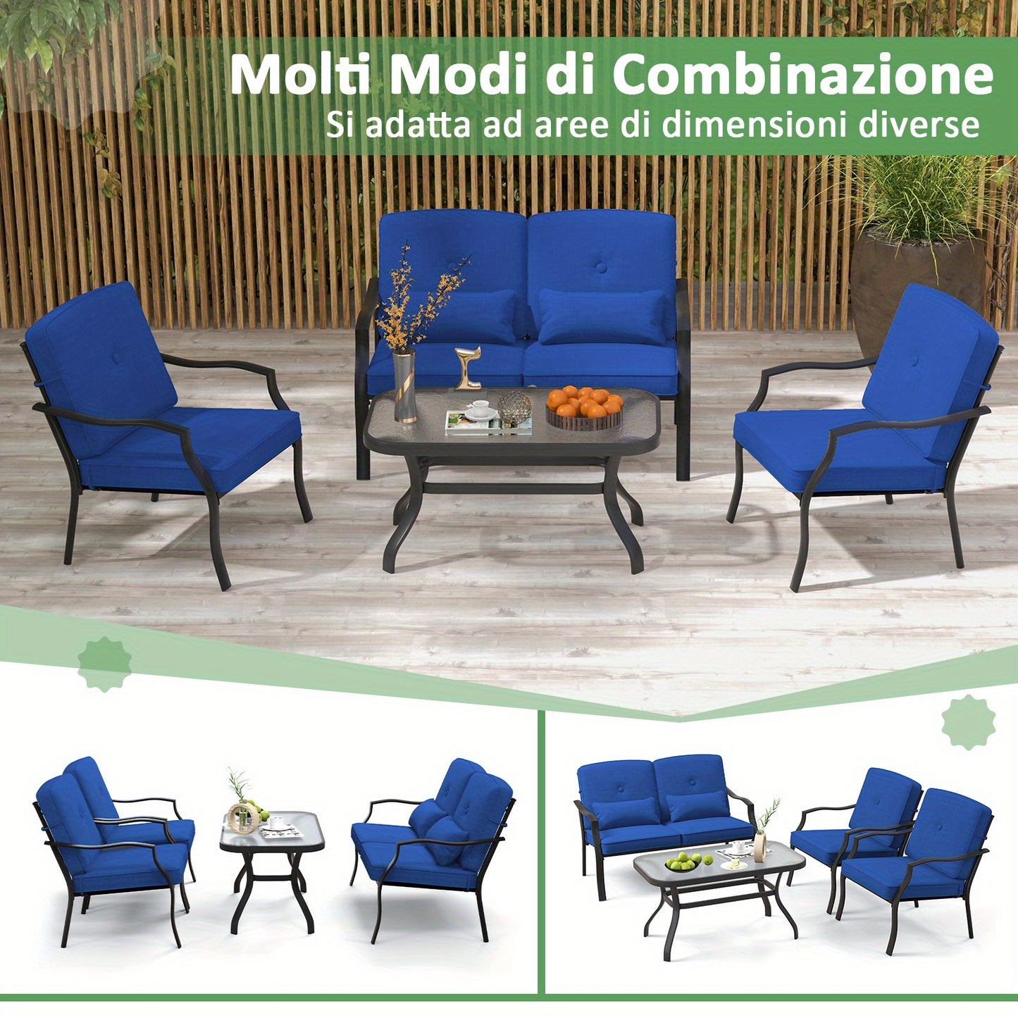 Tuinmeubelset – Tuinset – Loungeset – Buitenmeubels – Terrasmeubels – Metalen Frame – Veiligheidsglas Tafel – Blauwe Kussens – 4-delige Set