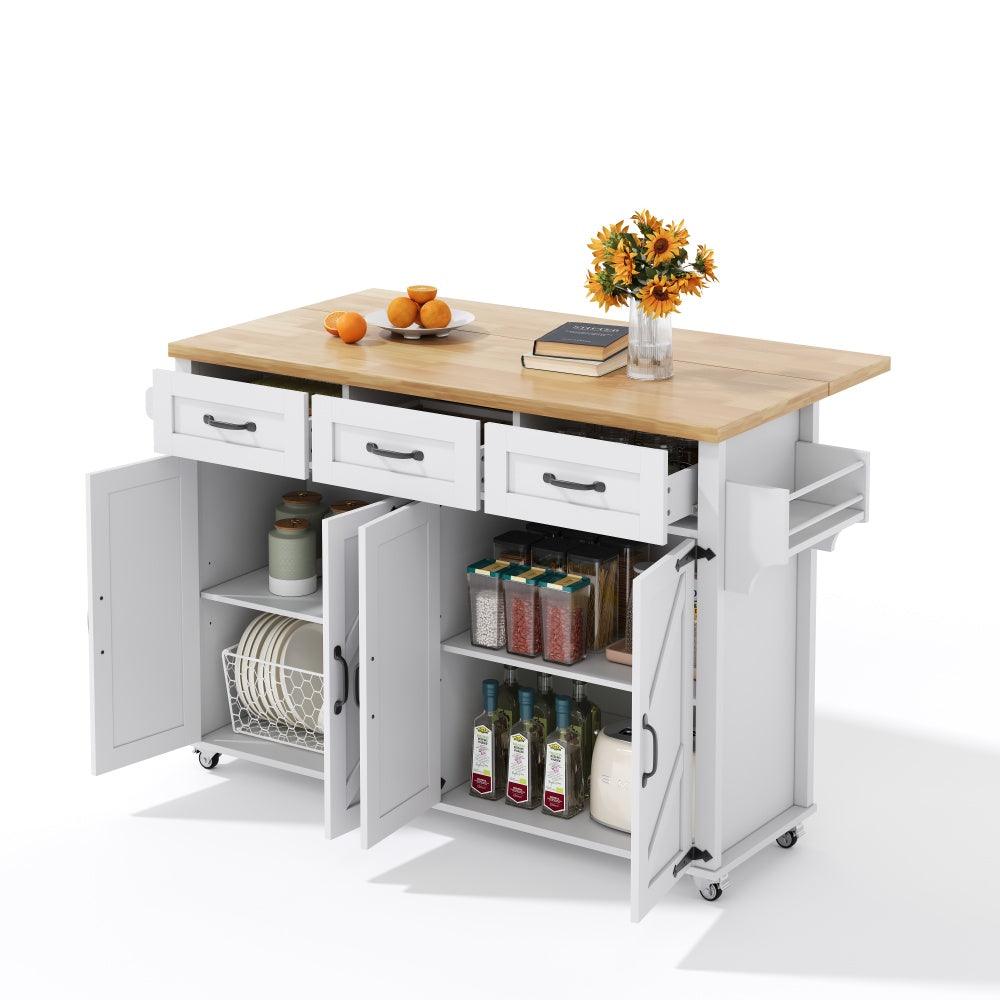 Keukeneiland – Zijmeubel – Keukenkast – Serveerwagen – Keukenwagen – Uitklapbaar Werkblad – 5 Lockbare Wielen – 4 Deuren 3 Lades – Wit – 140x43(70)x90,5 cm