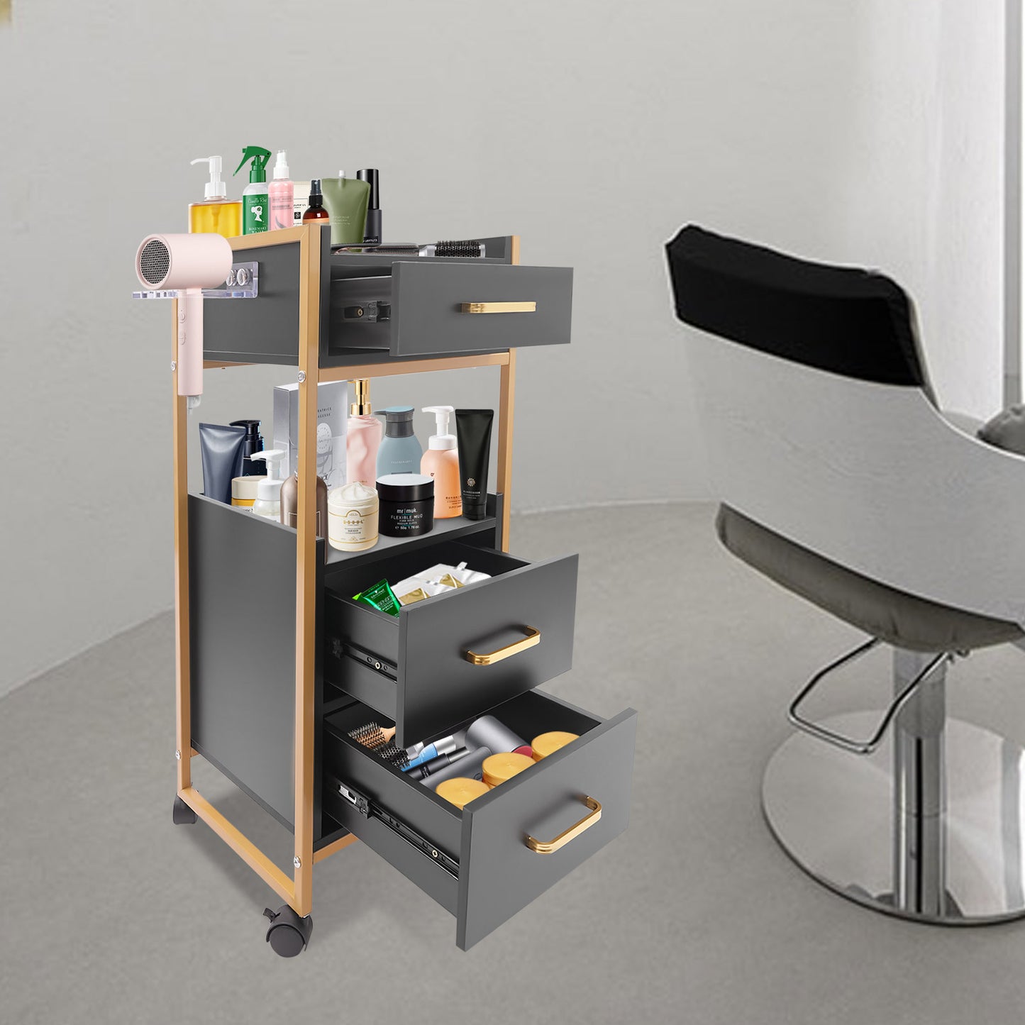 Kapperswagen – Kappers Trolley – Werkwagen – Salonwagen – Opbergtrolley – Roestvrij Metalen Frame – 3 Lades & 2 Open Schappen