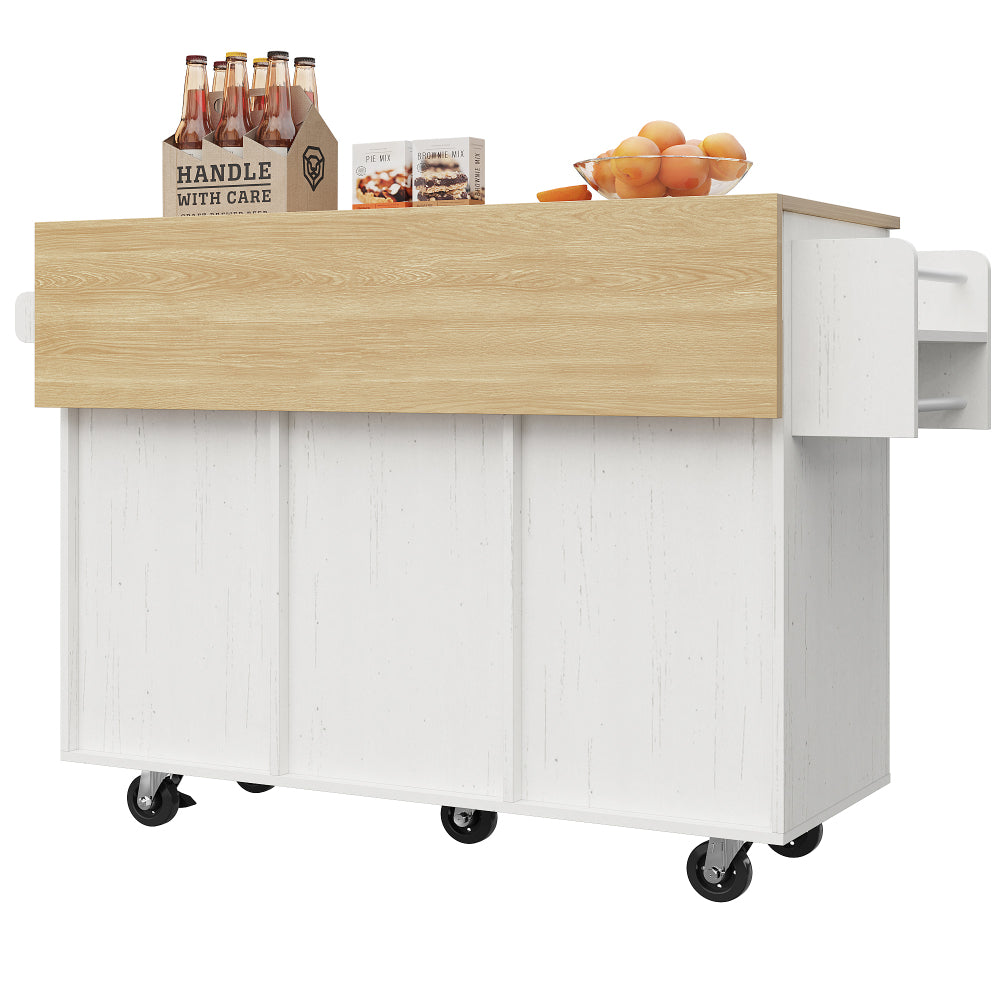 White Modern Mobile Kitchen Island with Removable Divider & Adjustable Casters - Heavy-Duty Metal Frame, Woodgrain Worktop, Storage Cabinets with Shelves & Drawers, Towel Rack - Space-Saving Rolling Cart for Small Kitchens, D