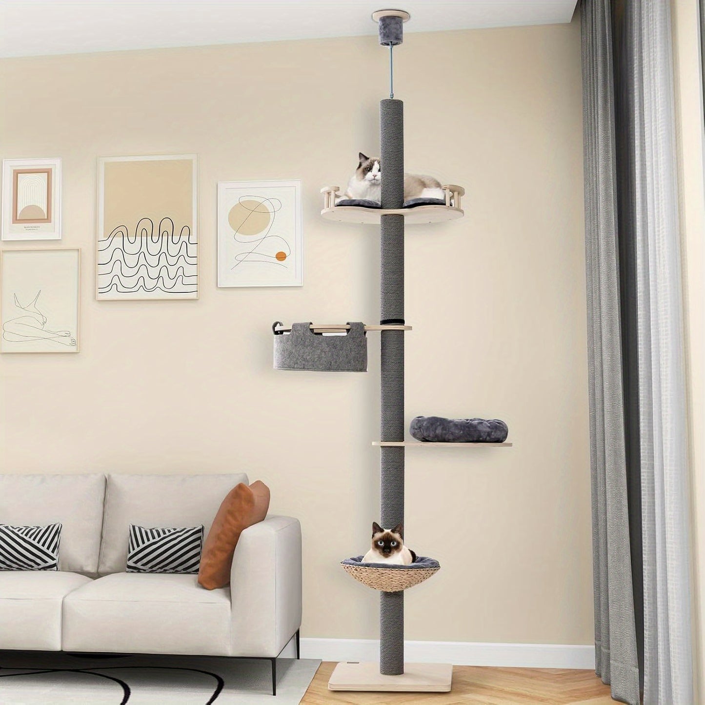 Kattenboom – Krabpaal – Kattentoren – Krabpaal Voor Katten – Kattenhuis – Verstelbare Hoogte 236-271 cm – Stevige Plywood Constructie